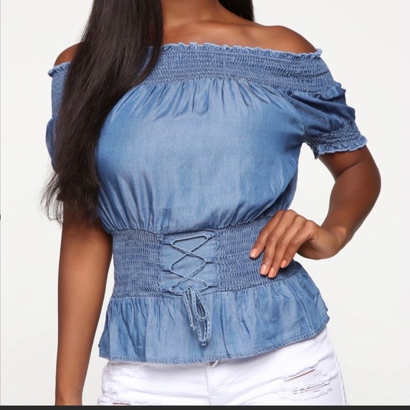Fashion Nova Tops - NWT Fashion Nova Marie Off Shoulder Top Denim Jeans Top